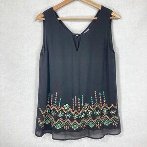 Sleeveless Blouse Scoop Neck V-Back Embroidered Flowy Summer Boho Coquette L